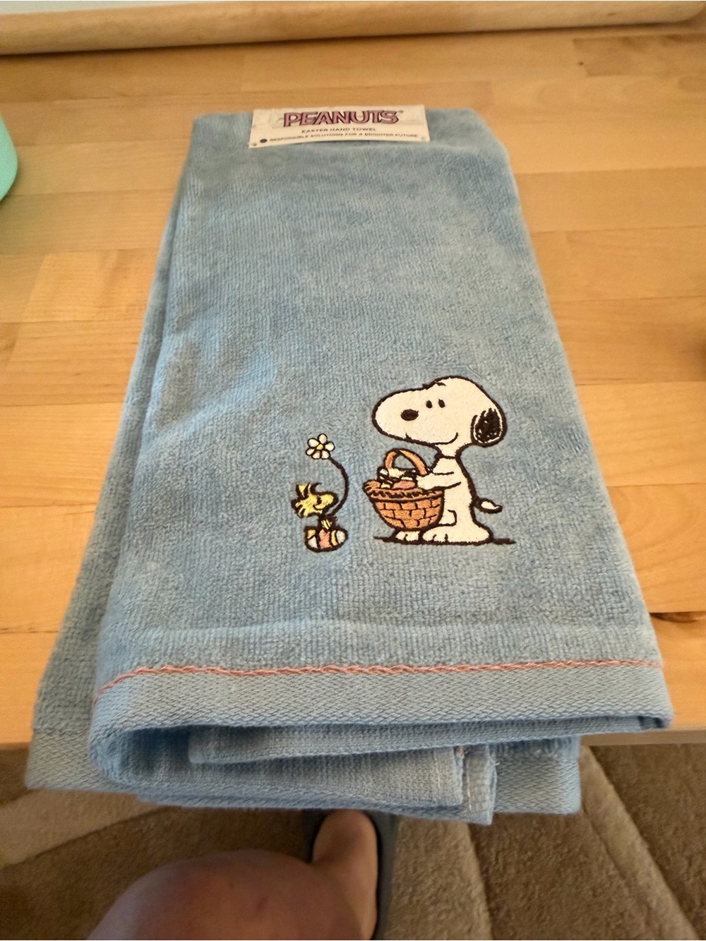 Peanuts Easter Blue Hand Towel with Embroidered Snoopy & Woodstock